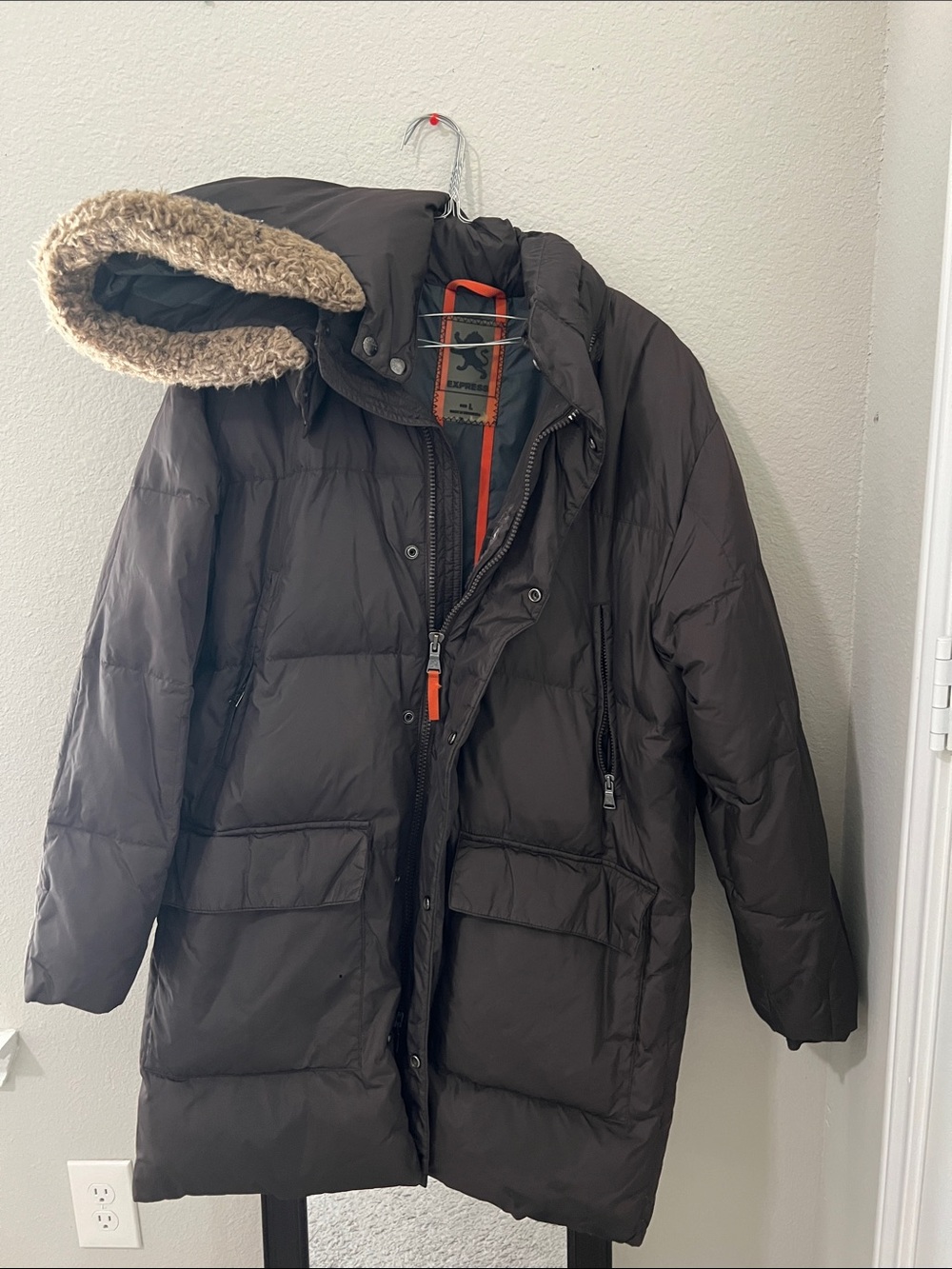Express Men's Dark Brown Puffer Coat with Faux Fur Trim